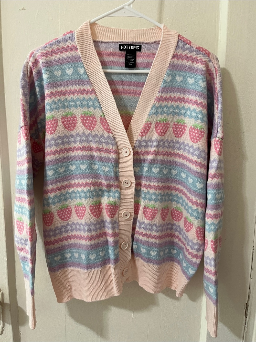 Hot Topic Pastel Pink Strawberry Fair Isle Cardigan